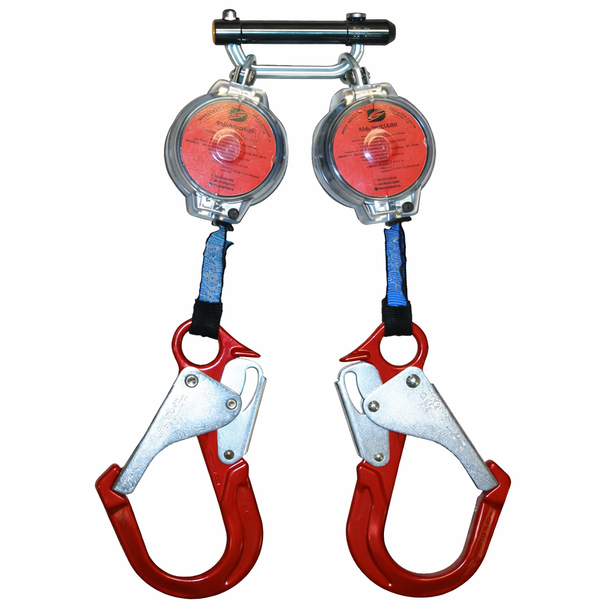 Two safety harness carabiners with red hooks and blue ropes on a white background