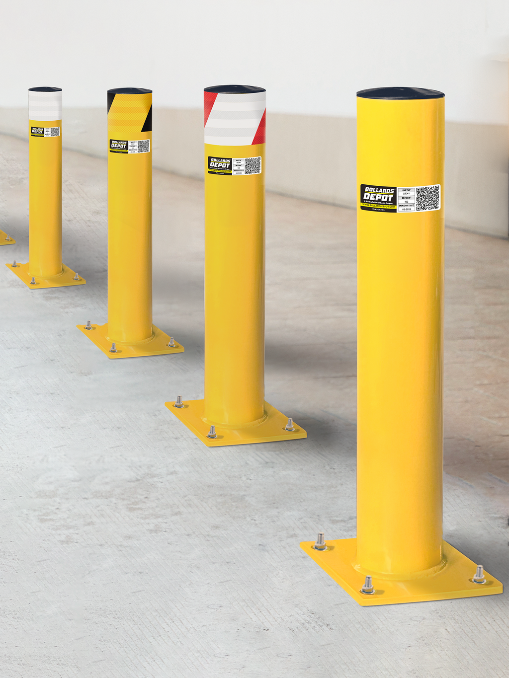 Frontline SB safety bollards with reflective tape options