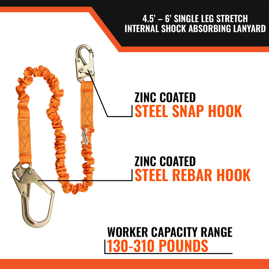 Malta Dynamics C5115 stretch single-leg lanyard with rebar hook, features callout 1