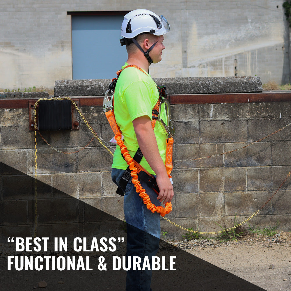 Malta Dynamics C5115 stretch single-leg lanyard with rebar hook, in use on a job site