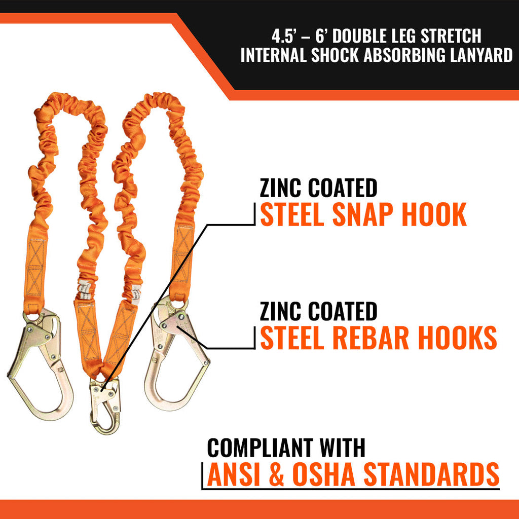 Malta Dynamics C5117 stretch double-leg lanyard with rebar hooks, features callout 2