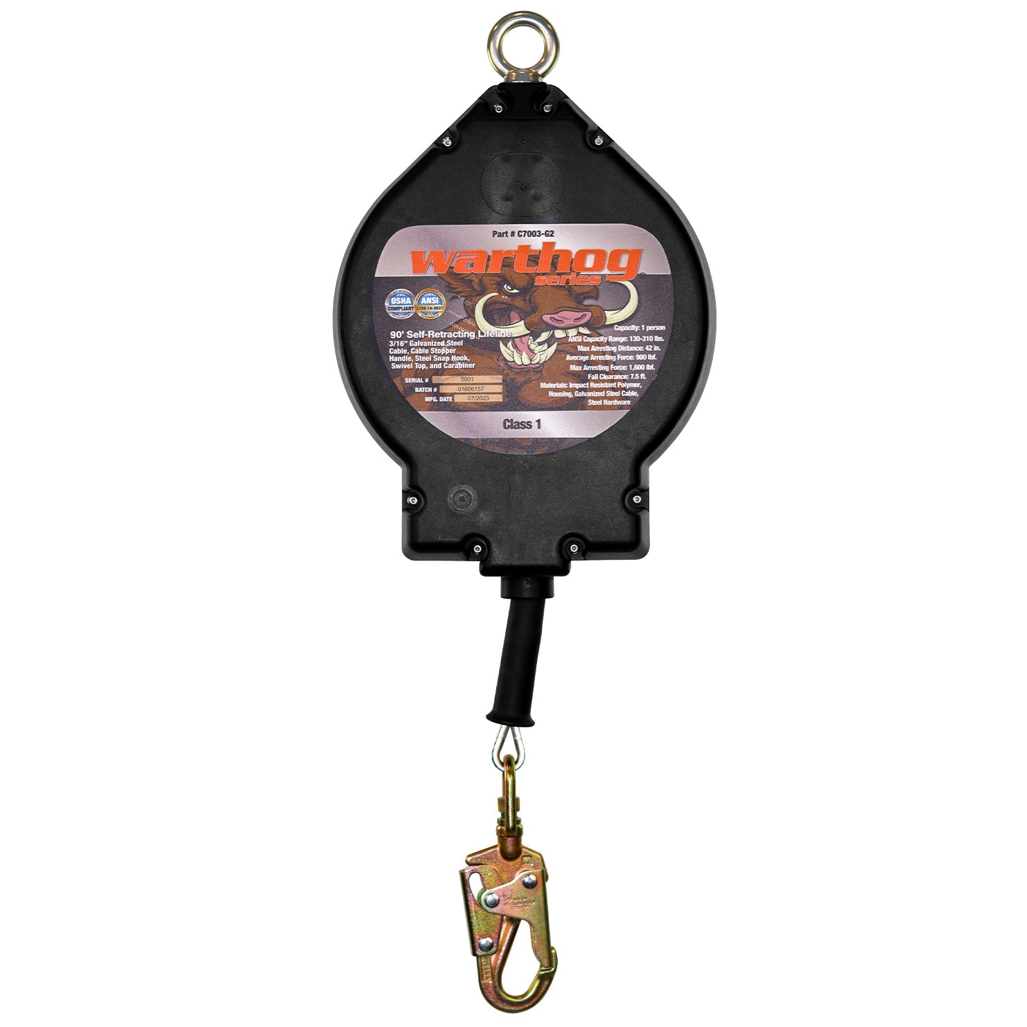 Malta Dynamics C7003 Warthog long-range cable self-retracting lifeline with snap hook
