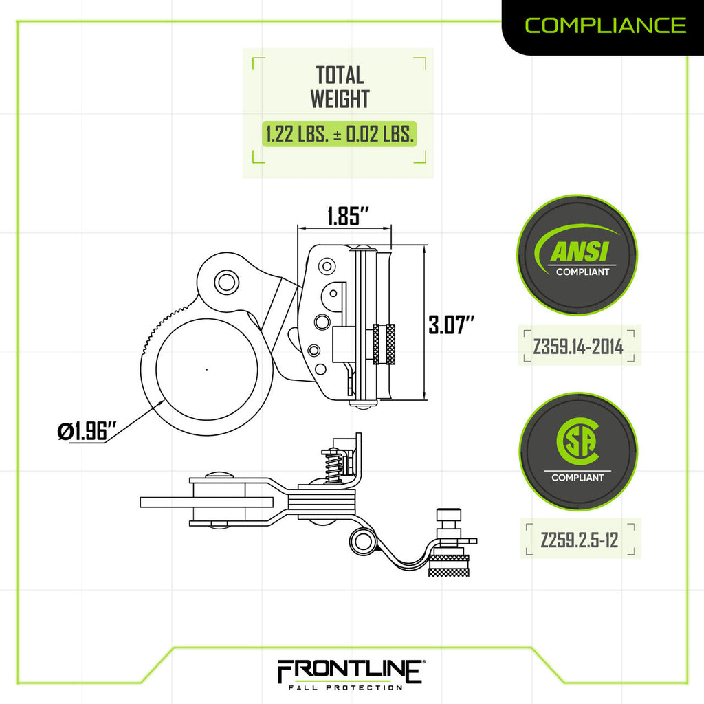 Frontline RGSS58 rope grab compliance sheet, OSHA and ANSI