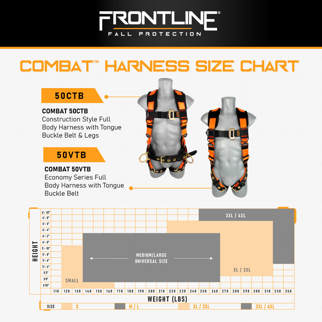 Frontline 50CTB Combat construction harness, size chart