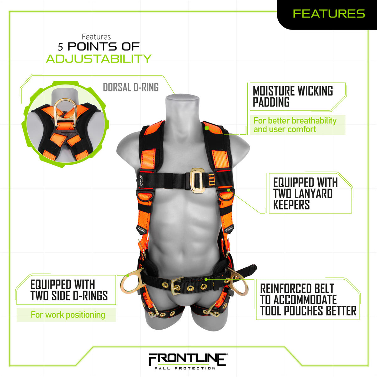 Frontline 50CTB Combat construction harness, features chart