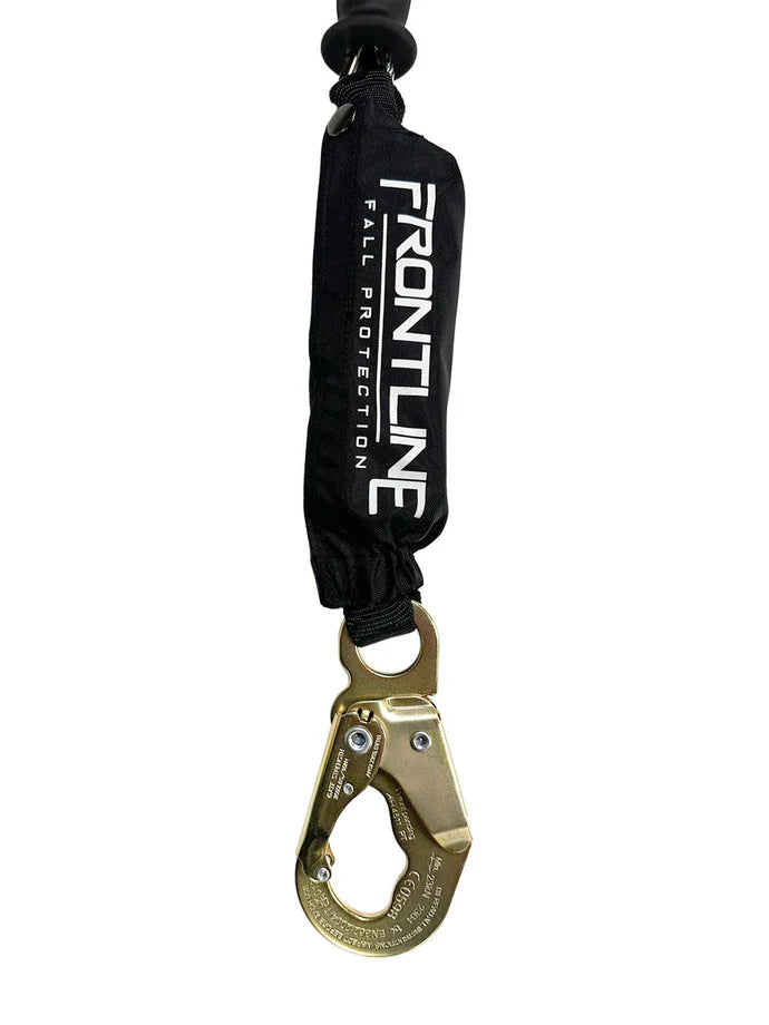 Black safety lanyard with gold carabiner on a white background