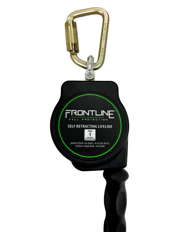 Black self-retracting lifeline with gold carabiner on a white background