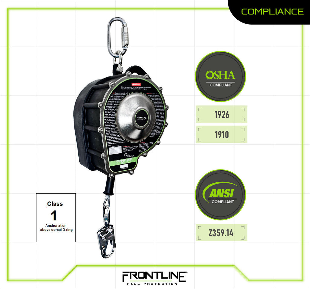 Frontline RSBC spec sheet 3 of 3, ANSI Z359.14 and OSHA compliance