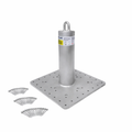 Metal pedestal with square base and three additional metal components on a white background