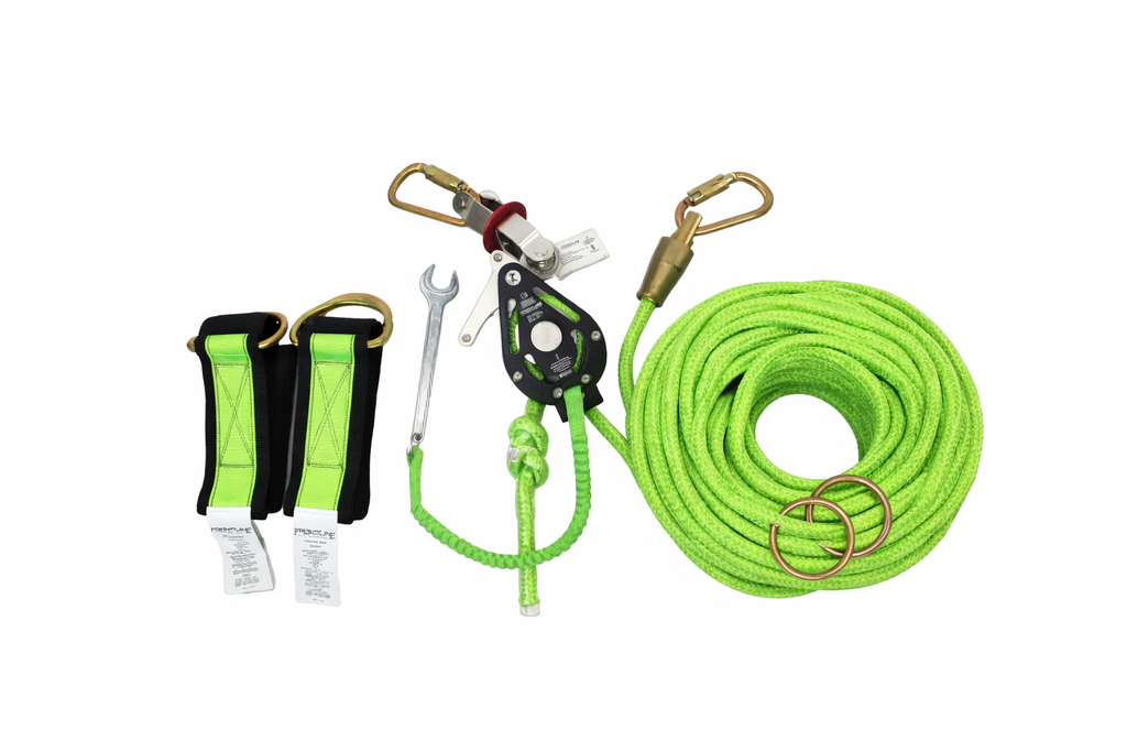 Green rope with carabiners and a tool on a white background