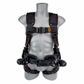 Black safety harness on a mannequin torso against a white background