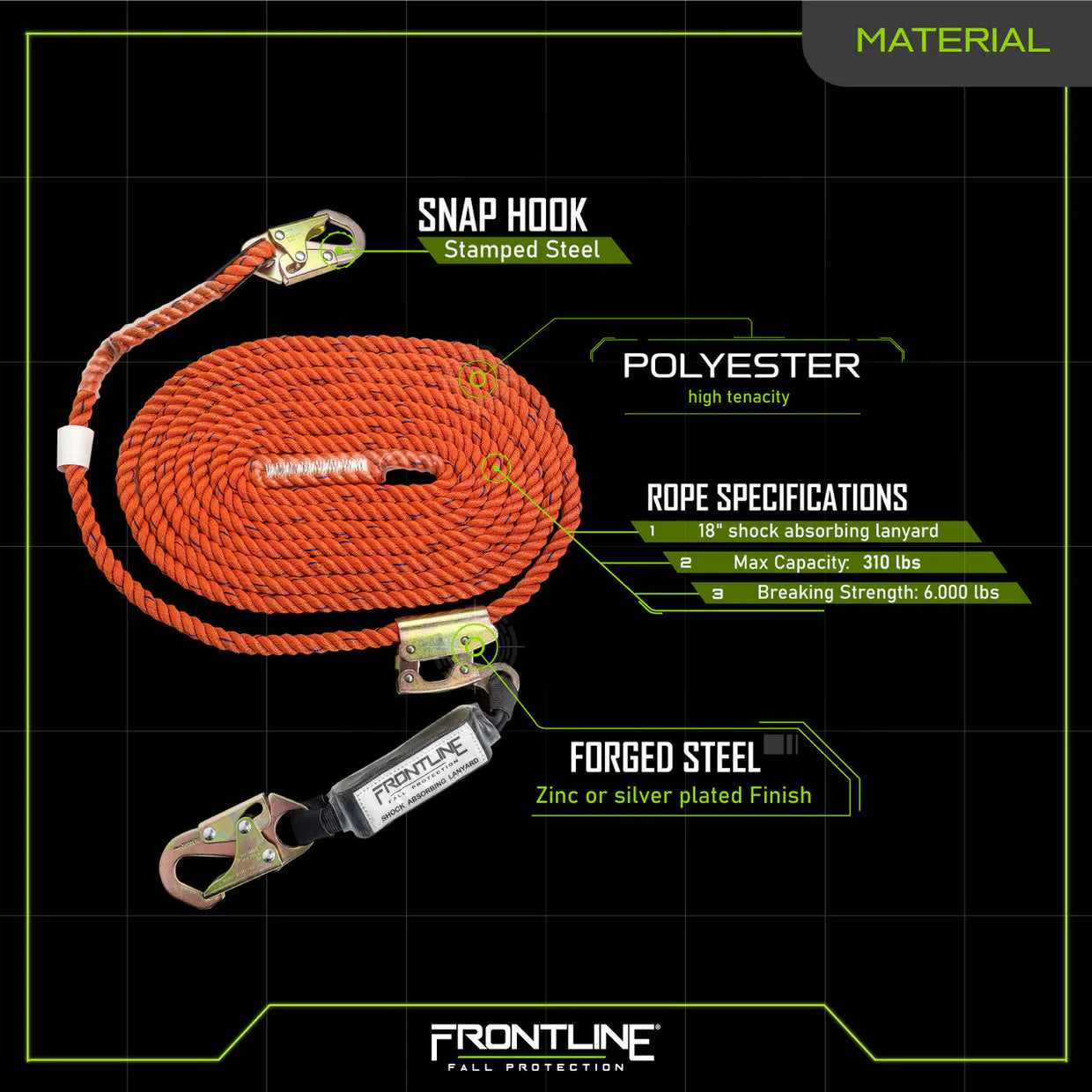 Frontline VLPR3L Vertical Lifeline Kit with Rope Grab & Shock Pack – 50 ft or 100 ft