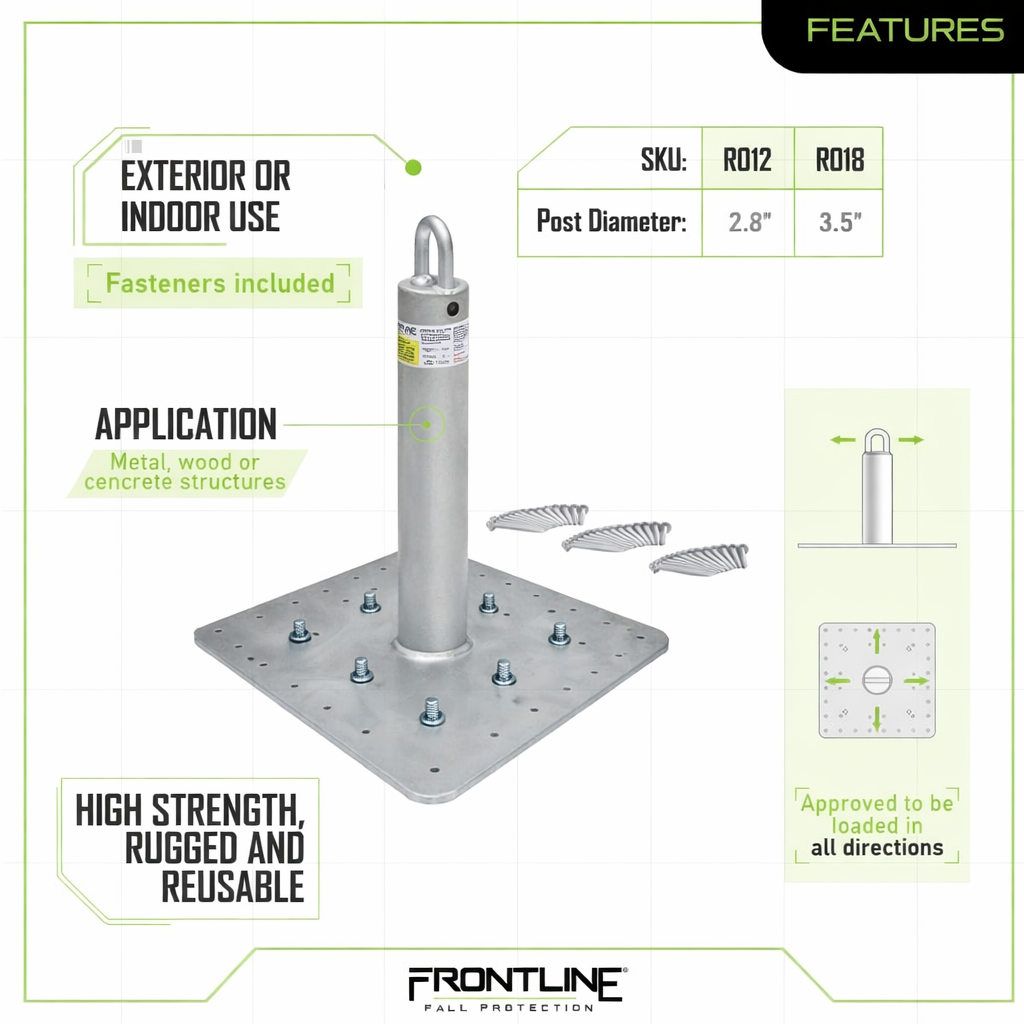 Metal post with base plate and fasteners on a white background with green text and branding.