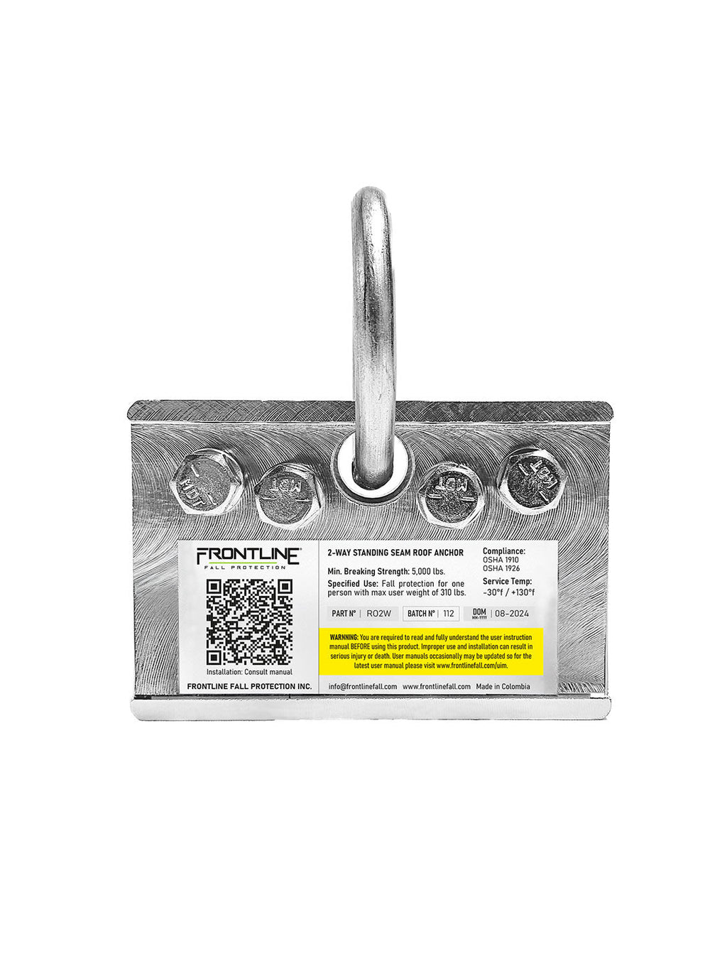 Frontline RO2W standing seam anchor showing the two clamp halves and bolts