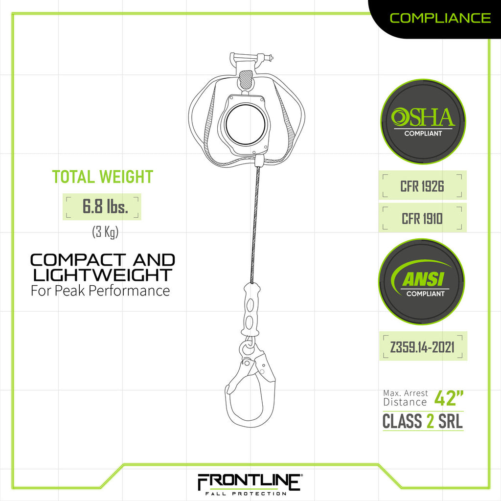 Frontline RPG081RLE 8 ft leading edge cable SRL with steel rebar hook, compliance chart