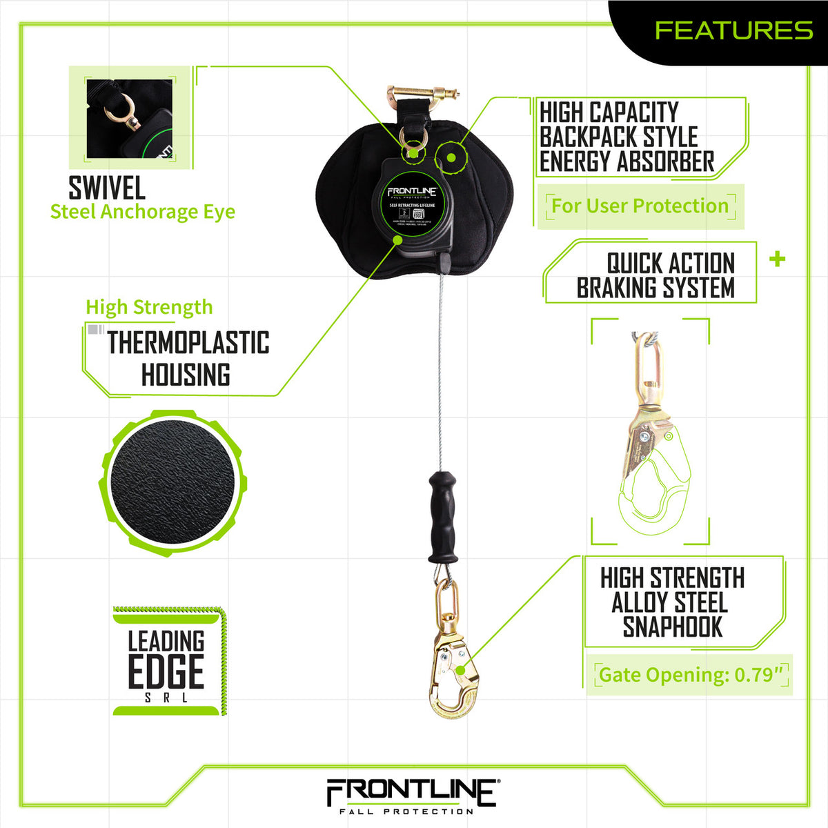 Frontline RPG081SLE 8 ft leading edge cable SRL with steel snap hook, features chart