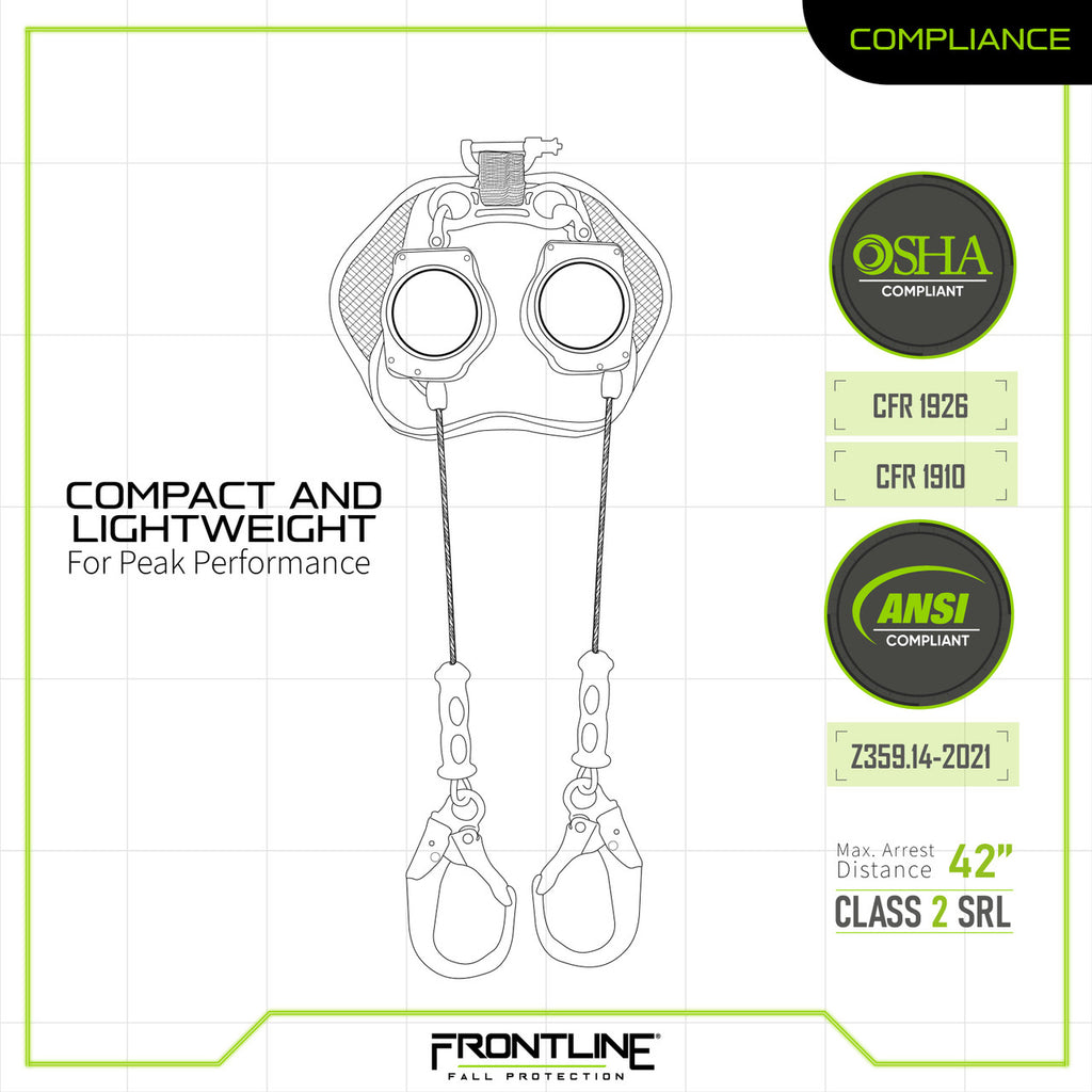 Frontline RPG082RLE 8 ft leading edge cable twin-leg SRL with steel rebar hooks, compliance chart