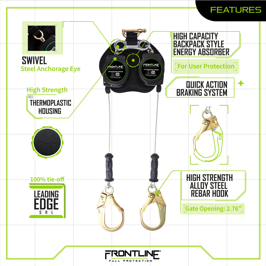 Frontline RPG082RLE 8 ft leading edge cable twin-leg SRL with steel rebar hooks, features chart