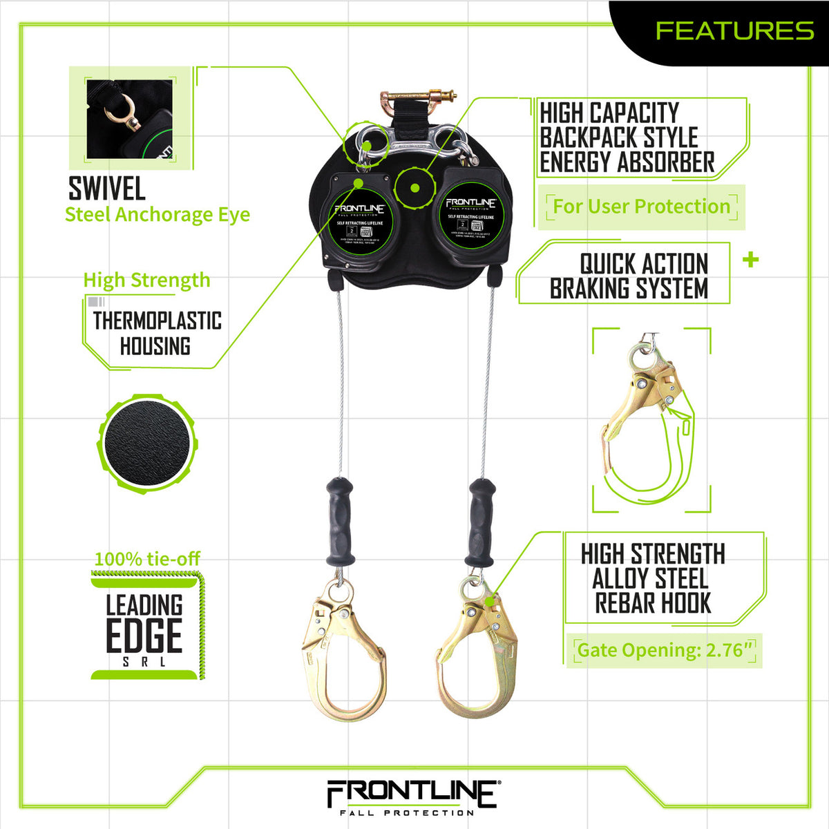 Frontline RPG082RLE 8 ft leading edge cable twin-leg SRL with steel rebar hooks, features chart