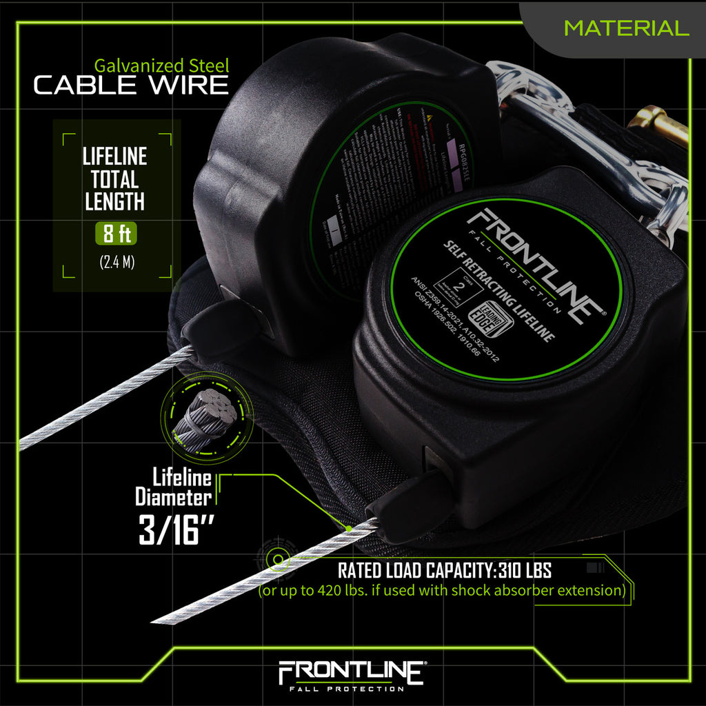 Frontline RPG082RLE 8 ft leading edge cable twin-leg SRL with steel rebar hooks, materials chart