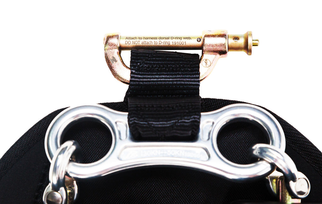 Frontline RPG082SLE 8 ft leading edge cable twin-leg SRL, dorsal connector close-up