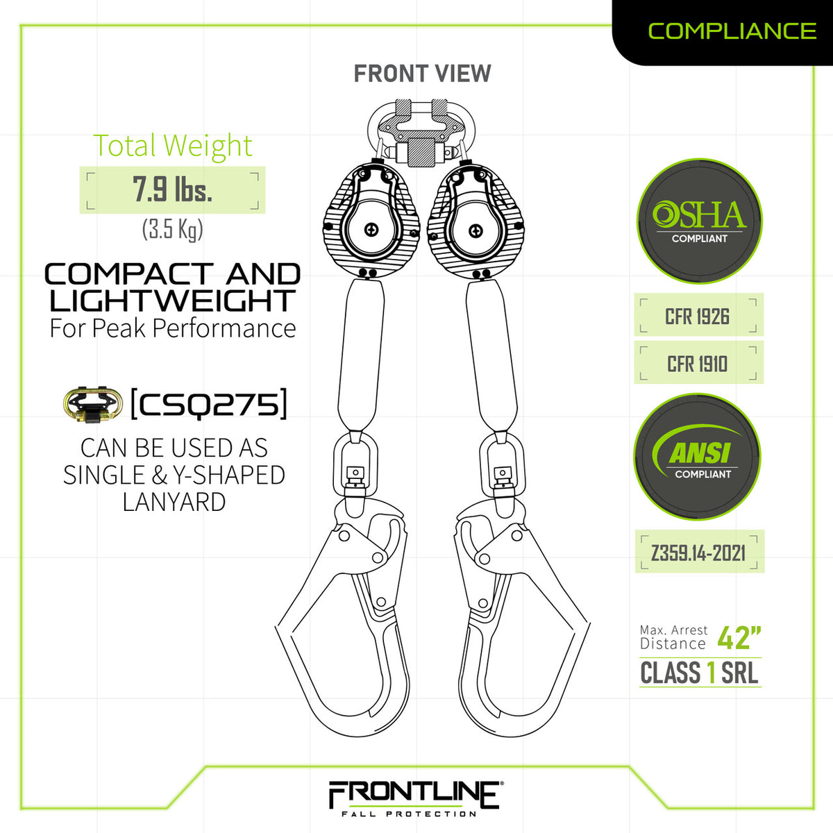 Frontline RPW062R 6 ft web twin-leg SRL with steel rebar hooks, compliance chart