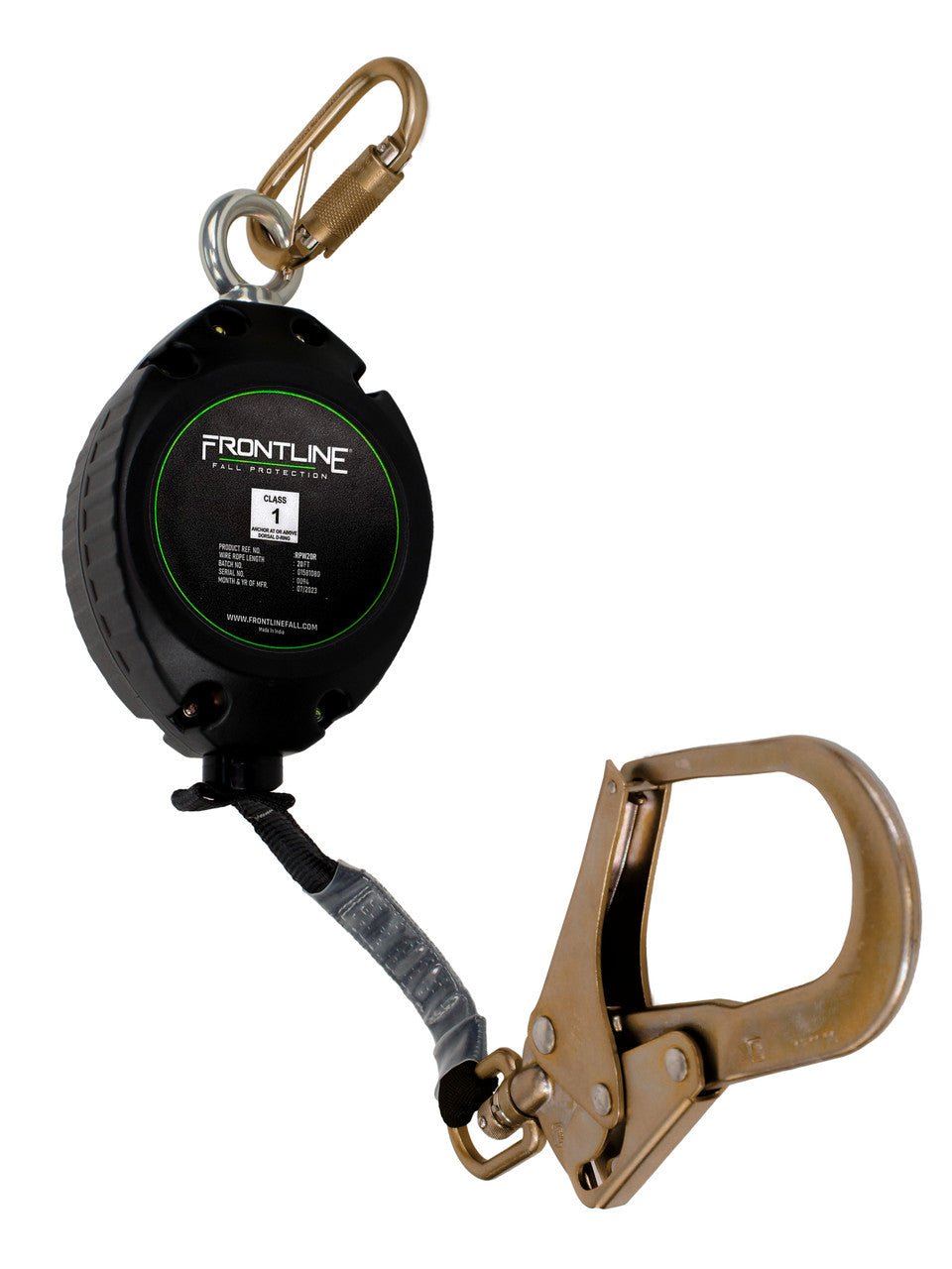 Frontline RPW20R 20 ft web single-leg SRL with steel rebar hook, angled close-up of housing and hook