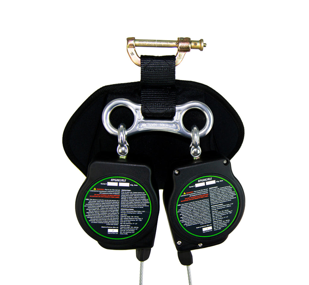 Frontline RPG082RLE 8 ft leading edge cable twin-leg SRL, back view with dorsal connector