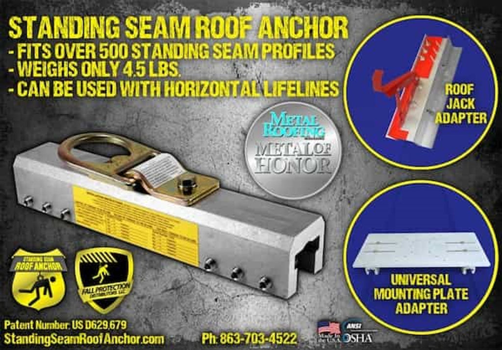 Standing seam roof anchor with features and accessories on a gray background