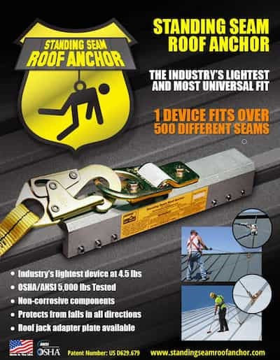Standing seam roof anchor with features and applications on a dark background