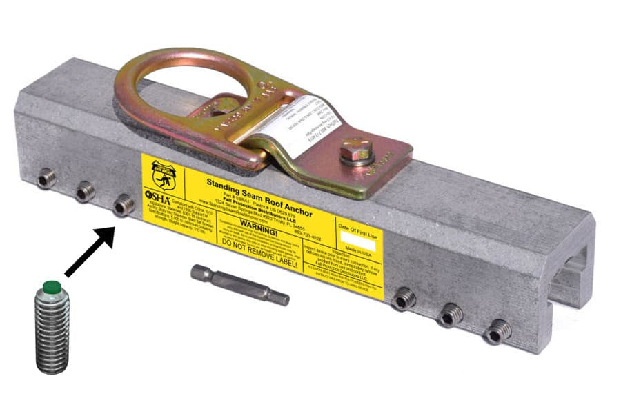 Metal roof anchor with installation tools on a white background