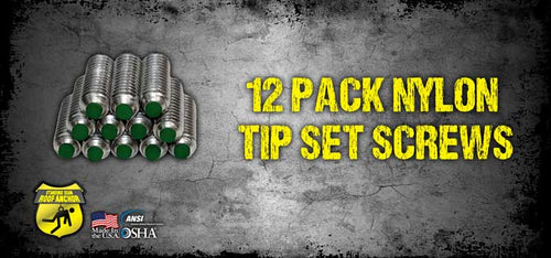 Nylon tipped set screws, one dozen laid out for SSRA1 standing seam anchors
