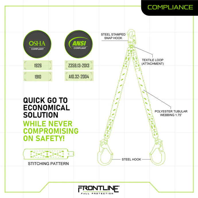 Frontline LIS62R Combat™ Twin Leg 6' Rebar Hook Lanyard with Internal Shock Absorber | 100% Tie-Off | CSA / OSHA Canada