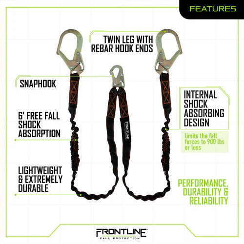 Frontline LIS62R Combat™ Twin Leg 6' Rebar Hook Lanyard with Internal Shock Absorber | 100% Tie-Off | CSA / OSHA Canada
