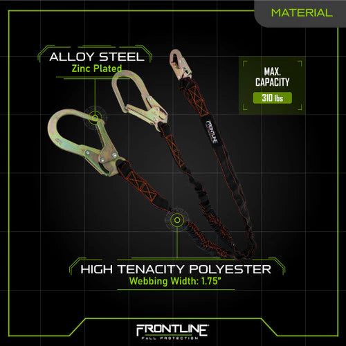Frontline LIS62R Combat™ Twin Leg 6' Rebar Hook Lanyard with Internal Shock Absorber | 100% Tie-Off | CSA / OSHA Canada
