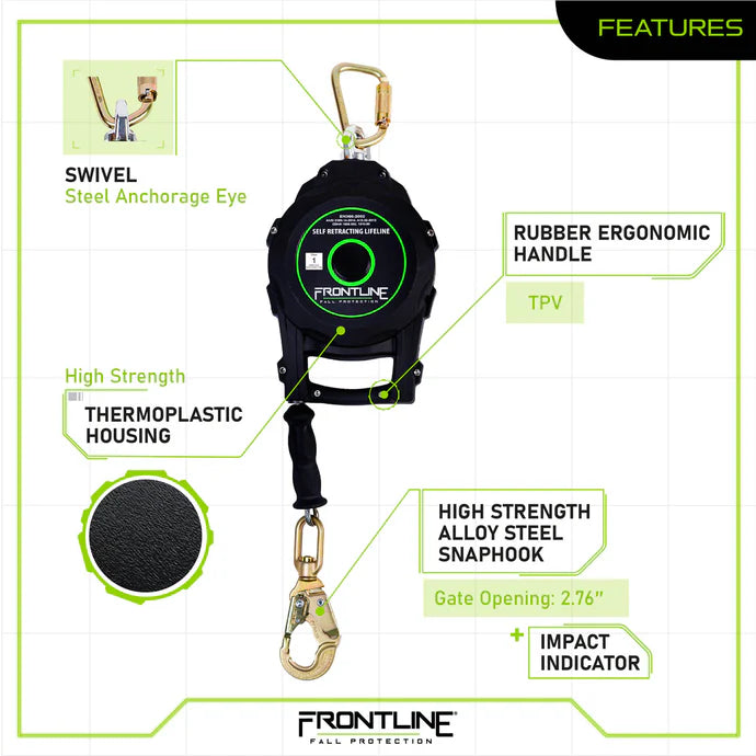 Frontline RPGC Cable SRL Single Leg with Steel Snap Hook | Self-Retracting Lifeline with Carry Handle & Tagline | Canada