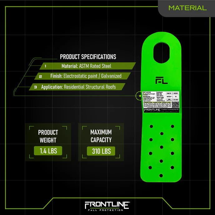 Green roof liability plate with specifications on a black grid background, featuring the Frontline logo.