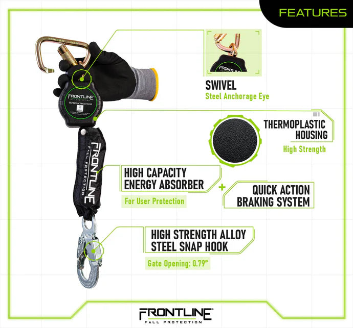 Frontline RPAS Aramid Fiber Web SRL Single Leg with Steel Snap Hook | Heat & Cut Resistant Self-Retracting Lifeline | Canada