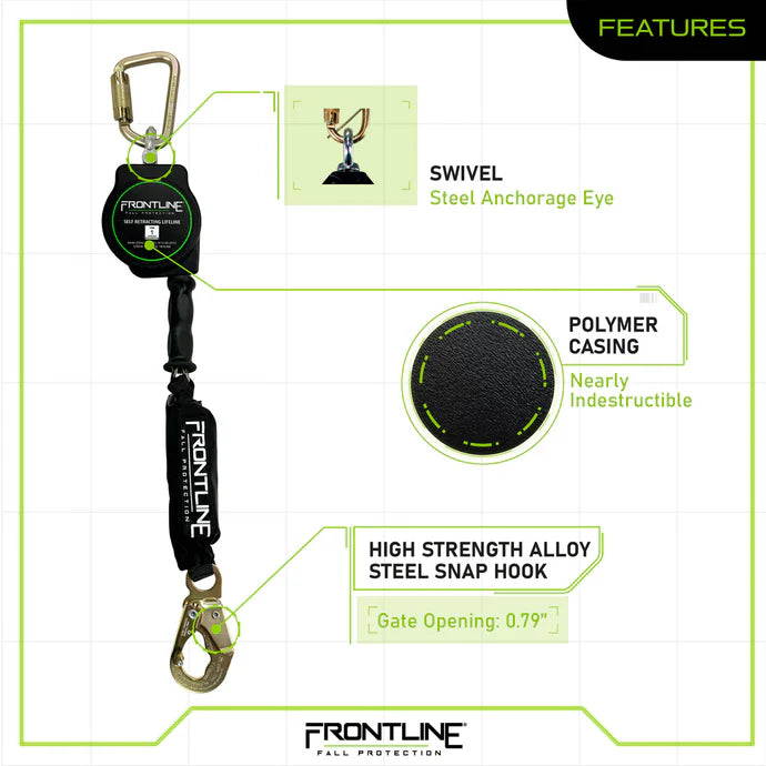Retractable safety line with features highlighted on a white background