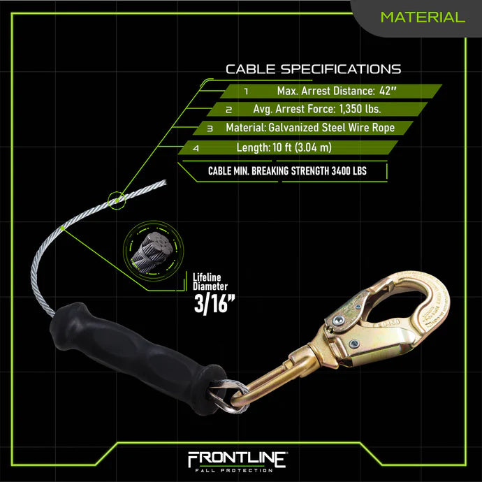 Safety cable with specifications on a black background, featuring the Frontline brand.