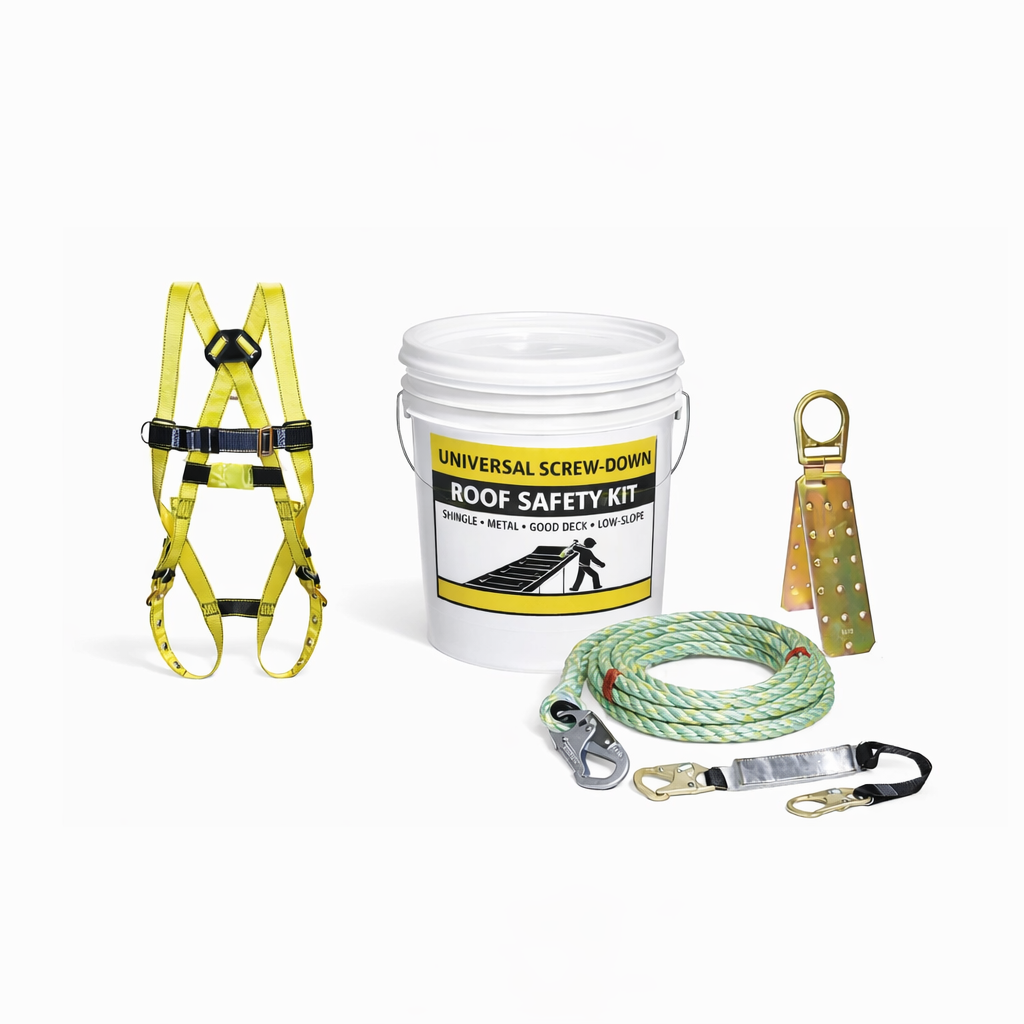 Roof safety kit with harness, bucket, and rope on a white background