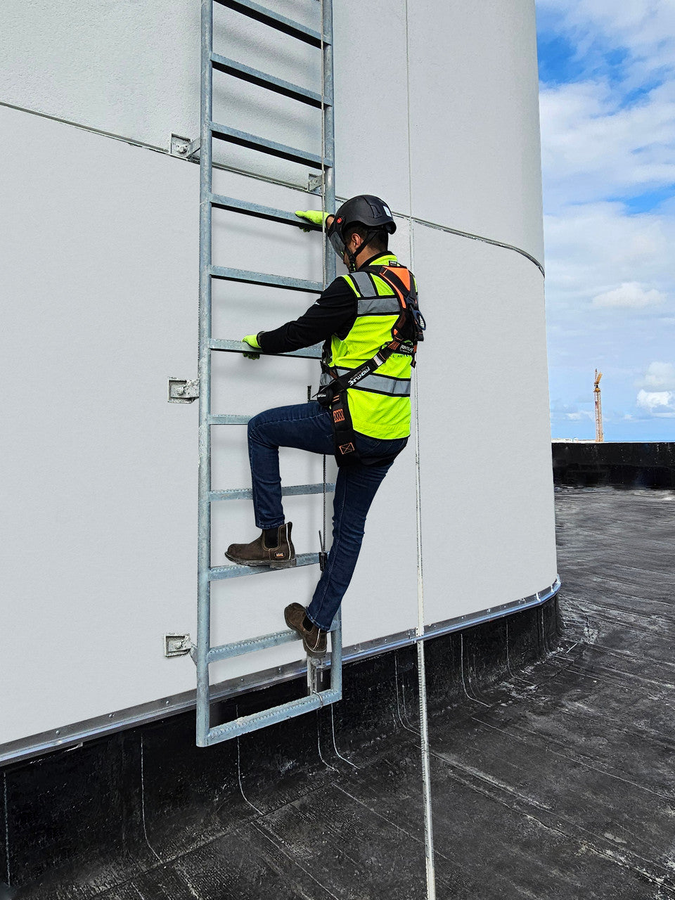 Frontline VLCS cable lifeline mounted on a fixed ladder
