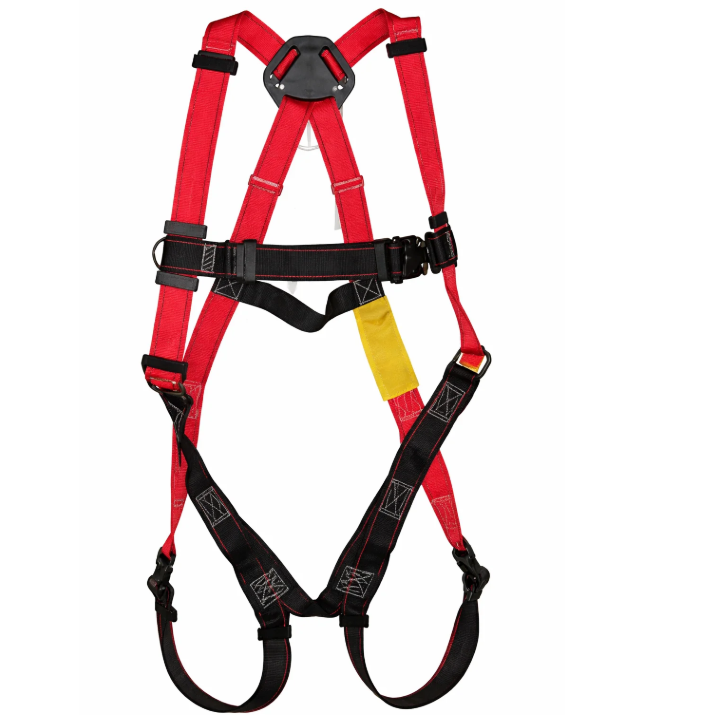 Red safety harness with black and yellow accents on a white background