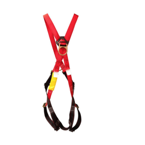 Red safety harness with multiple straps on a white background