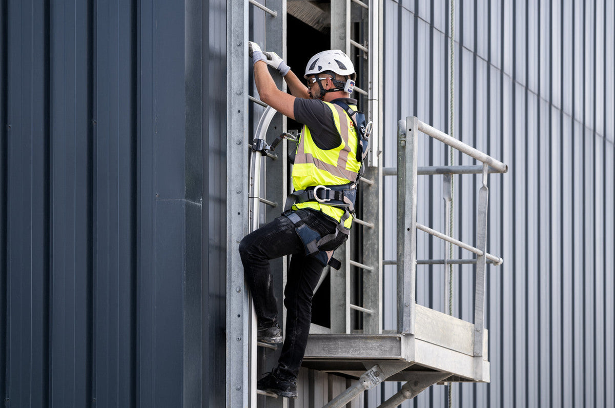 Frontline SecuRail Pro rail installed on a building ladder