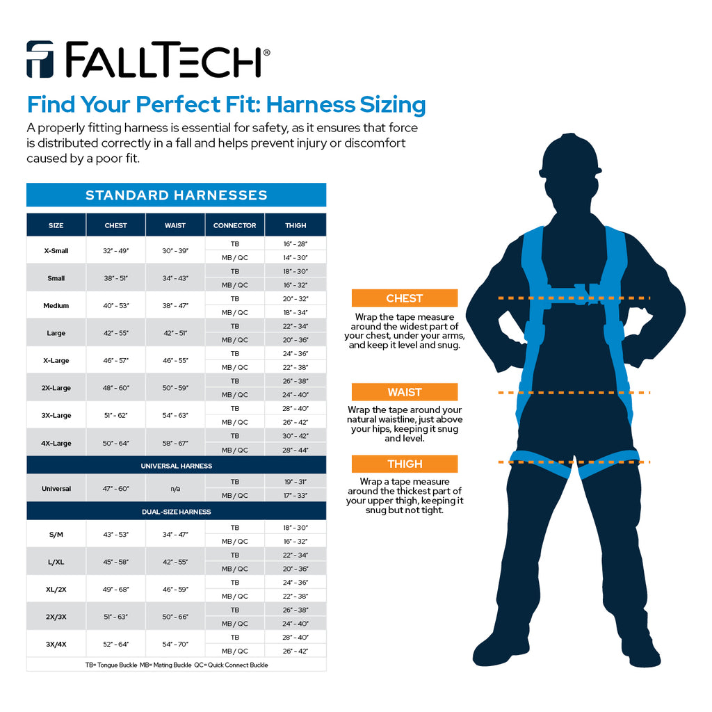 FallTech 8142QC FT-Iron harness, sizing chart